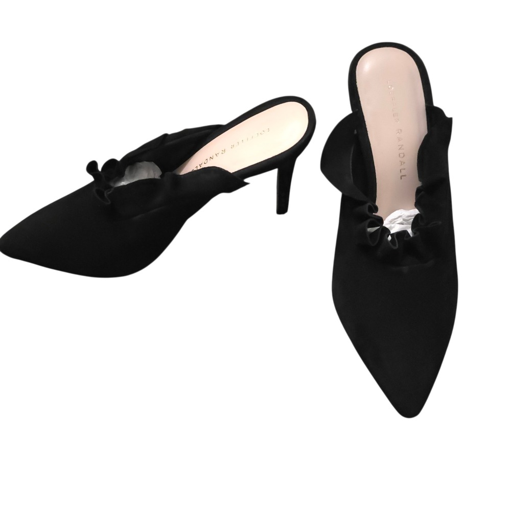 Loeffler Randall Langley Black Suede Ruffle Mule Heels Pointed Toe Sz 6.5 M Box